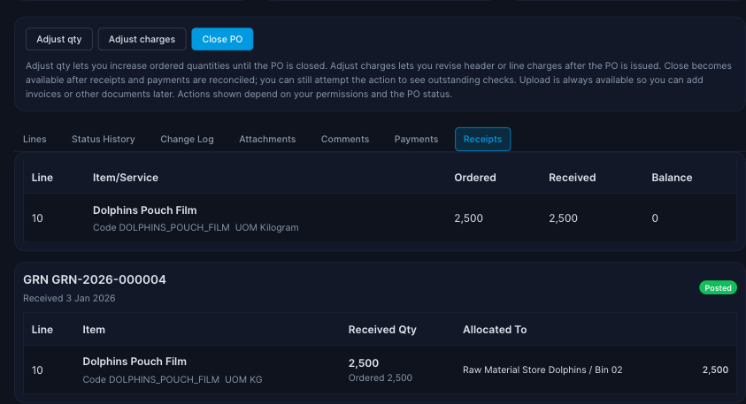 GRN Allocations Screen